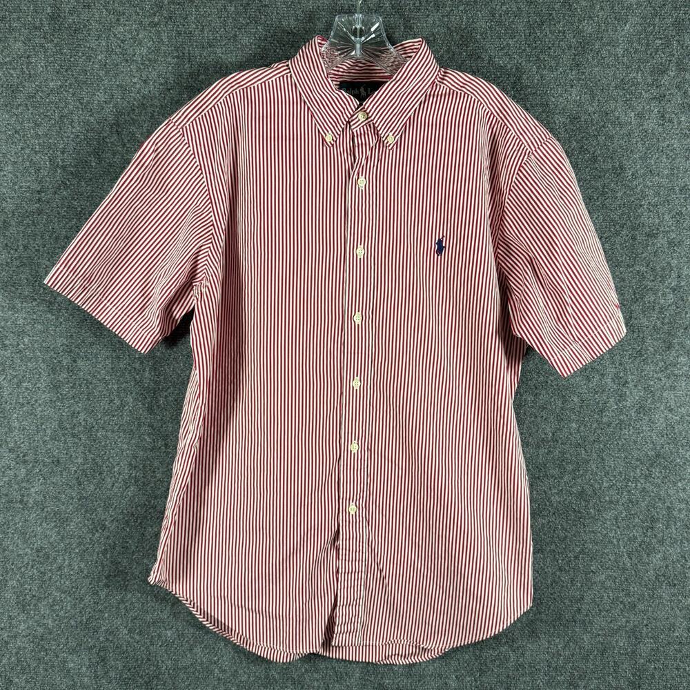 Ralph Lauren Shirt Mens L Red White Stripe Classic Fit Short Sleeve Button Down